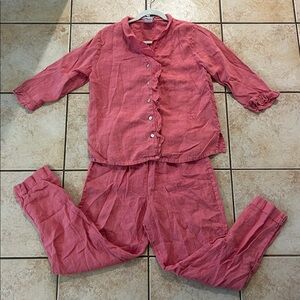Hot Cotton Rose Matching Set -Ruffled Linen Button Up Top Tapered Bottoms, Sz S